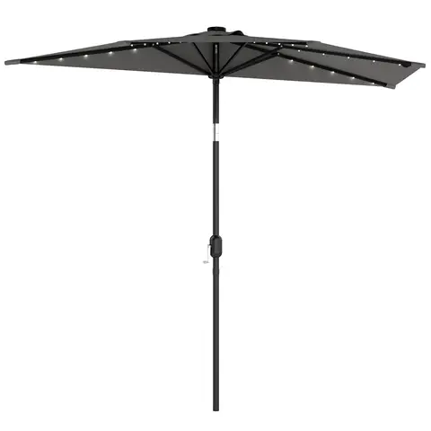 Outsunny 2.6 m Half Garden Parasol with Solar LED Lights, UPF50+ Semi Round Umbrella with 30° Tilt, Crank Handle, Metal Frame for Balcony, Dark Grey