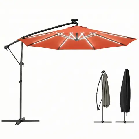 Outsunny 3 m Garden Cantilever Parasol with LED Solar Light, Round Overhanging Umbrella with 6-Position 360° Rotation, Crank Handle, Tilt, Cover, Banana Patio Umbrella for Outdoor Sun Shade, Orange