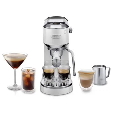 De'Longhi Siebträgermaschine Dedica Duo EC890.WI, Espresso & Cold Brew, Espressomaschine mit professionellem Milchaufschäumer für Cappuccino, 15cm breit, Soft-Touch Buttons, Edelstahl, Weiß