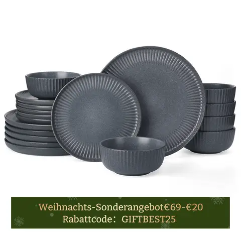 [Rabattcode: GIFTBEST25 €69-€20]  Richmount Starlight 18-tlg. Geschirrset mit texturiertem Rand für 6 Personen， Mattgraue reaktive Glasur， Modern & Formal Dining