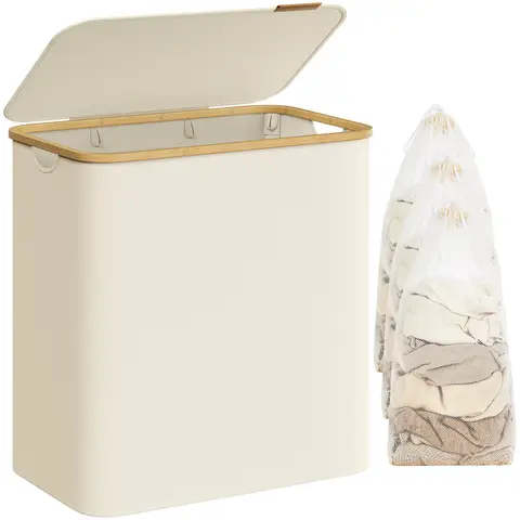 SONGMICS Laundry Basket with Lid, 3-Section Large Laundry Hamper, 150L, Removable Mesh Liner, Oxford Fabric, Bamboo Handles, Collapsible, 60 x 38.5 x 70.5 cm, Cream White LCB515W01