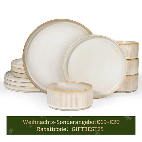 [Rabattcode: GIFTBEST25 €69-€20]  Richmount Starlight Serie Geschirrset - 12-teiliges Keramikset für 4 Personen - Enthält Essteller/Salatteller/Müslischalen - Spülmaschinen- und Mikrowellengeeignet - Cappuccino Weiß