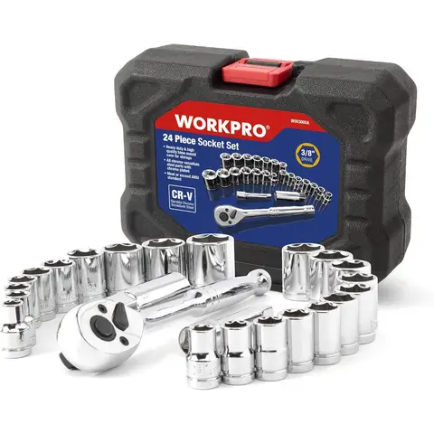 WORKPRO 24-tlg Steckschlüsselsatz 3/8" Ratsche 11 Metrisch 10 SAE Verlängerung Zündkerze Koffer