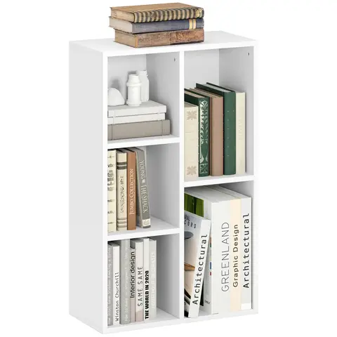 HOMCOM 2 Tier Bookshelf, Modern Cube Bookcase with 5 Open Storage Compartments, Freestanding Display Storage Unit White