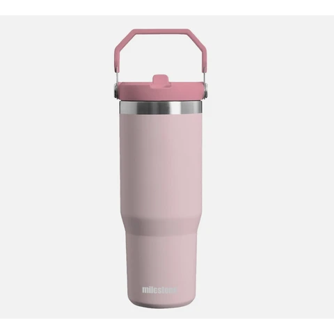 Milestone Travel Mug with Flip Straw Stainless Steel Double Walled Pink 890ml