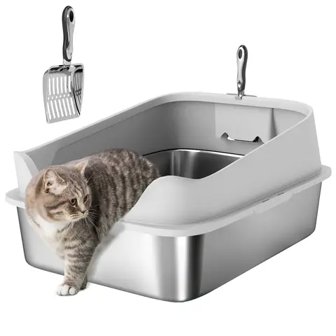 PawHut XL Cat Litter Tray Stainless Steel, Cat Litter Box High Sided with Metal Litter Scoop, Never Absorbs Odors XXL