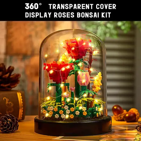 HOGOKIDS Blumenstrauß Bausatz mit LED-Beleuchtung - 596 Teile Rosen Sets mit Abdeckung Botanische Bausteine | Geburtstags Mini Bausteine Valentinstagsgeschenk für Erwachsene Freundin Ehefrau (Rote Rosen), Weihnachtsgeschenk