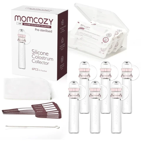 Momcozy Colostrum Collector Set, Reusable BPA-Free 5ml Containers (6-Pack) with Storage Case & Cotton Wipes