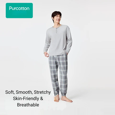 Men's Lustrous Cotton Top + Gauze Long Pants Loungewear Set,Moonlit Rock Gray,Top: UK 40 ( L); Bottom: UK 34 ( L)