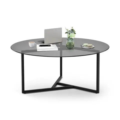 CLIPOP Round Coffee Table, Modern Home Accent Tempered Glass Table with Metal Frame, Minimalist Center Table