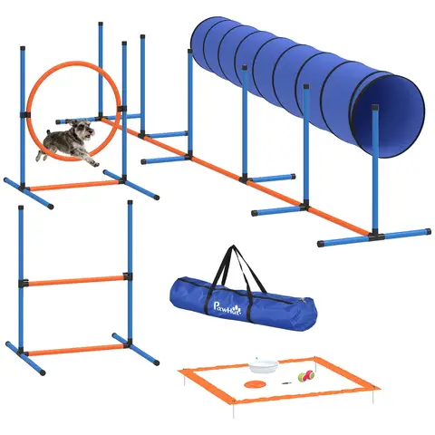 PawHut Dog Agility Equipment, 8PCS Agility Training Set with Tunnel, Weave Poles, Adjustable Hurdles, Jump Ring, Pause Box, Bowl, Toys and Carrying Bag Pet Obstacle Course for Garden, Indoor, Outdoor