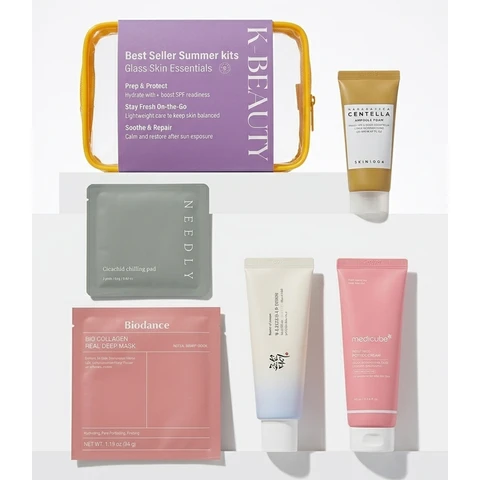 Joybuy K-Beauty Zomereditie: Zonverzorging & Herstel 5-Stuks Glas Huidroutine met Reisetui (+ Bonus 30 ml Toner, Terwijl voorraad duurt) Koreaanse Huidverzorging (Medicube, Beauty of Joseon, Biodance, SKIN1004, NEEDLY)