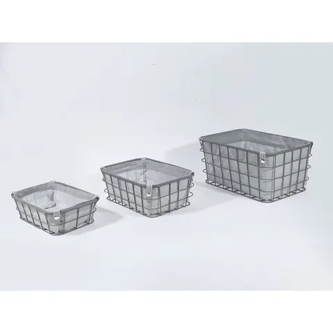 KEVAHOME GREY METAL WIRE STORAGE BIN W GREY LINER S/3 15.5X11.5X7.5" 13X9X5'' 11.5X7.5X3.5'', New Year Sale , Top gift picks