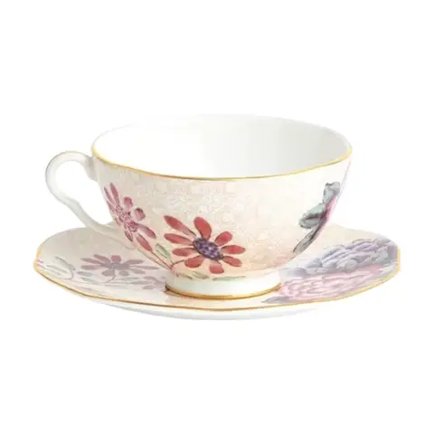 WEDGWOOD Cuckoo (Harlequin Kollektion) Fein Bone China Teetasse & Untertasse Set mit 22K Goldrand - Pfirsich Bunt