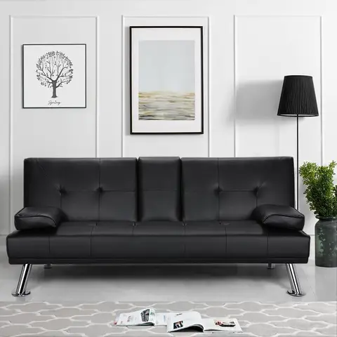 Yaheetech 3-Sitzer Schlafsofa mit Getränkehalter Gästebett Neigbare Rückenlehne 105°/140°/180°, 167 x 81,5 x 75 cm, Belastbarkeit 350 kg, Schwarzes Kunstleder