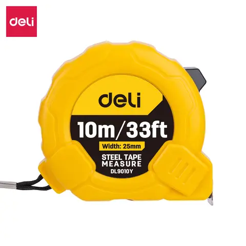 Deli 10m x 25mm Heavy-Duty Measuring Tape (Yellow) ,Extended Blade Standout & Impact-Resistant Housing for Long-Distance Accuracy