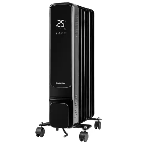 DAEWOO 1500W Oil Filled Radiator – 7-Fin, Adjustable Thermostat, 24 Hour Timer, Tip-Over & Overheat Protection – Black, HEA1976GE