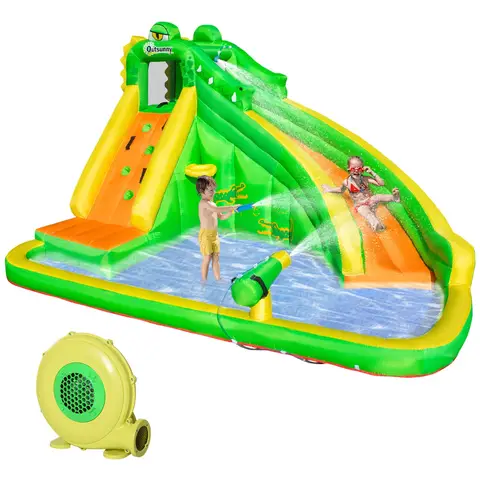 Outsunny 5 in 1 Kids Bouncy Castle Large Crocodile Style Inflatable House Slide Basket Water Pool Gun Climbing Wall with Blower Carrybag for Kids Age 3-8, 3.85 x 2.85 x 2.25m