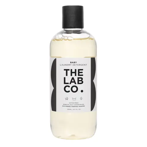 The Lab Co. Baby Wash Liquid Laundry Detergent for washing machines and hand washing. Fresh cotton fragrance. Plant Based. Non-Bio. 300ml in size. For up to 20 washes.