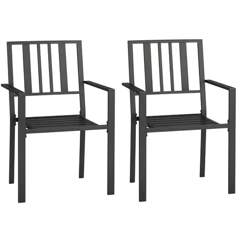 Outsunny Set of 2 Garden Chairs, Stackable Outdoor Chairs with Metal Slatted Seat & Backrest, for Yard, Garden, Black