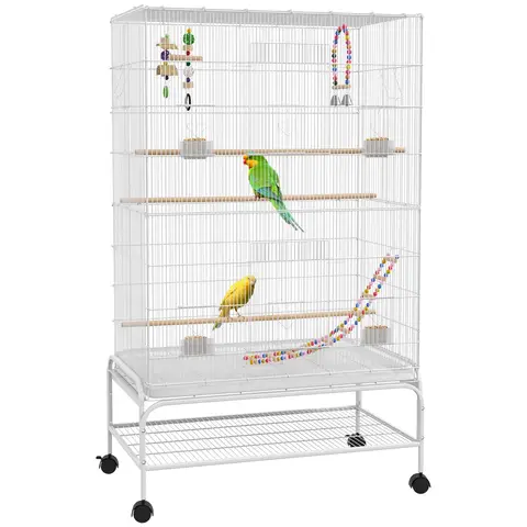 PawHut Large Bird Cage Budgie Cage with Stand, Toys, Wheels, Accessories, Storage Shelf for Canaries, Finches, Lovebirds, Parakeets - White, 79 x 49 x 133 cm