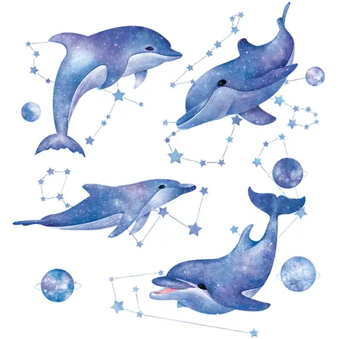 Children's room wallpaper mural, blue theme, peelable and self-adhesive cartoon sea wallpaper, suitable for living room and bedroom wall decoration，4 whales * 2 sets
