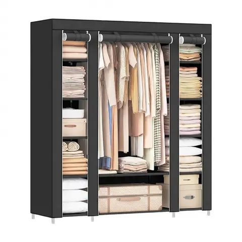 SONGMICS Stoffschrank mit Kleiderstange und 12 Fächern, 150 x 45 x 175 cm, Schwarz – Kleiderschrank für Schlafzimmer & Ankleidezimmer