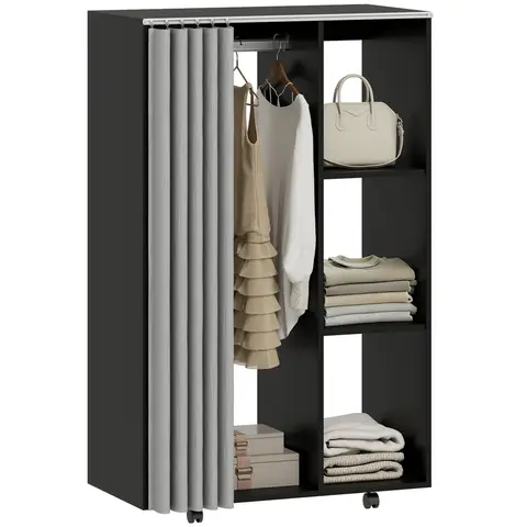 HOMCOM Armoire penderie meuble de rangement mobile 4 roulettes avec tringle à vêtements et étagères ouvertes, penderie vêtement dressing roulant pour chambre à coucher, 80x40x128cm, noir