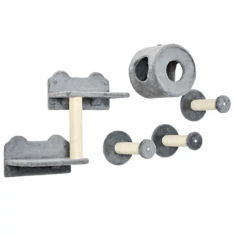 PawHut 5Pcs Cat Wall Furniture with Perch, Cat House, Scratching Post, Wall-Mounted Cat Tree for Indoor Cats - Grey