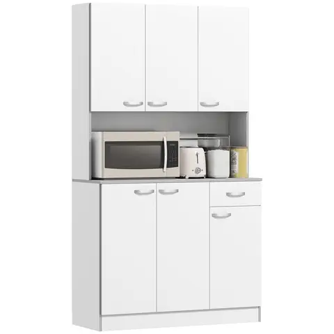 HOMCOM 180cm Tall Kitchen Cupboard, Freestanding Kitchen Storage Cabinet with 6 Doors, Drawer, Adjustable Shelves and Open Co