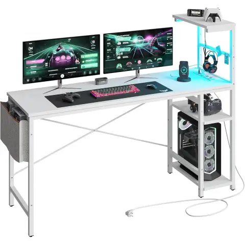 Bestier 155 cm Eck-Computerarbeitsplatz mit Steckdosen, Computerarbeitsplatz mit LED-Beleuchtung, umkehrbarer Schreibtisch mit Seitentasche, Aufbewahrungstasche und Zubehörschlaufe für das Home-Office, kleiner Raum, Weiß