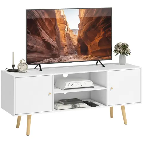 HOMCOM TV Stand Cabinet up to 55 Inches, TV Unit with Storage Shelves and Wood Legs for Living Room, Bedroom, White
