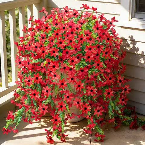 4 Stück 28,7 Zoll/72,8 cm Künstliche Hängende Blumen für den Außenbereich Falsche Pflanzen Dekoration, Kunstseide Bunte Gänseblümchen Eukalyptus Realistisch für Außen Haus Pflanzgefäß Veranda Terrasse Hof Dekoration (Rot)