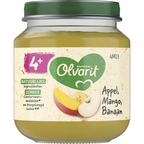 Olvarit fruitpuree met appel, mango en banaan 4M+ 125 g