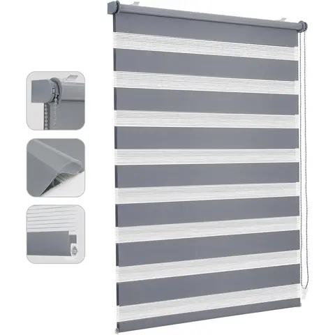 Seykey Double Roller Blind, Clip-Fix, No Drilling for Windows, 50 cm Wide Double Roller Blind, Duo Roller Blind Sun Protection, 50x130cm, Grey