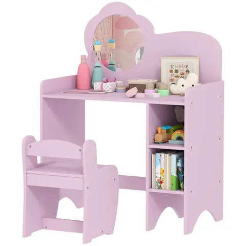 AIYAPLAY Kids Dressing Table with Mirror, Stool, 2 in 1 Kids Vanity Table with Storage Shelves, Toddlers Make Up Desk Purple