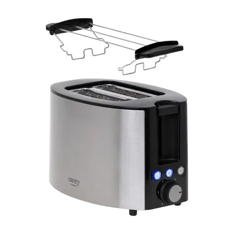 CAMRY CR 3215 Edelstahl Toaster 2 Scheiben, 850 W, mit Funktionen: Aufwärmen, Abbrechen, Auftauen, einstellbare Bräunungsstufen, Brötchenaufsatz, herausziehbare Krümelschublade, silber/schwarz