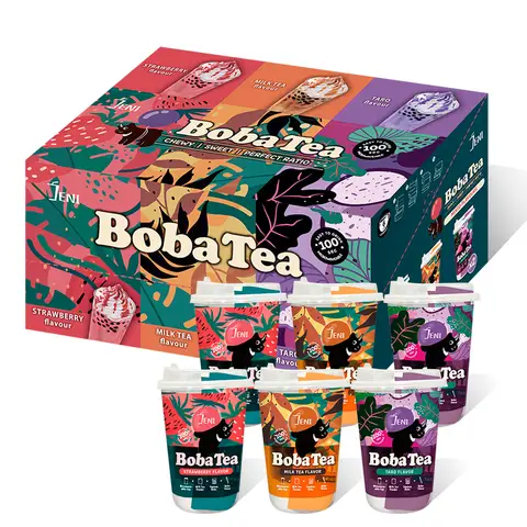 Playbubble Bubble tea-mix in bekers, 6 bekers x 85 g (taro/2 bekers, melkthee/2 bekers, aardbei/2 bekers)