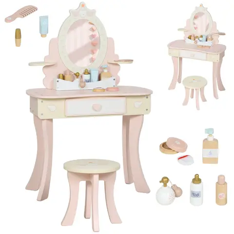 AIYAPLAY Kids Dressing Table, Girls Vanity Table with Stool, Drawer, Removable Mirror, Desktop Storage, 7 Play Accessories, 2 in 1 Toddlers Pretend Make Up Desk Set for Girls, Pink