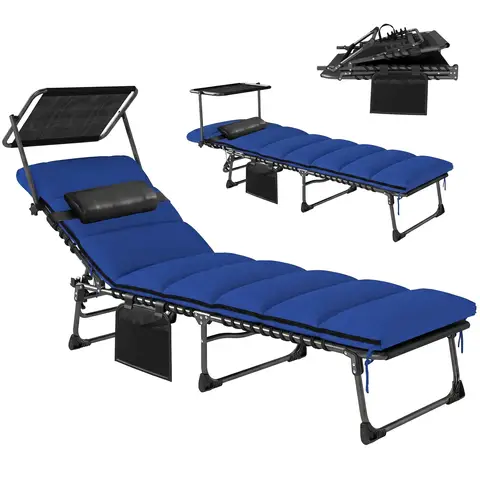 Outsunny Folding Sun Lounger with Canopy, 5-Position Reclining Garden Lounger, Side Pocket, Headrest, Cushion, Portable Recli