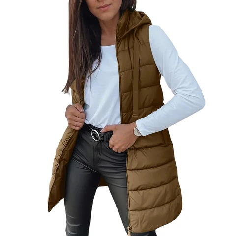 Women Long Vest Solid Color Sleeveless Hood Winter Puffer Vest Outwear (Khaki, M)
