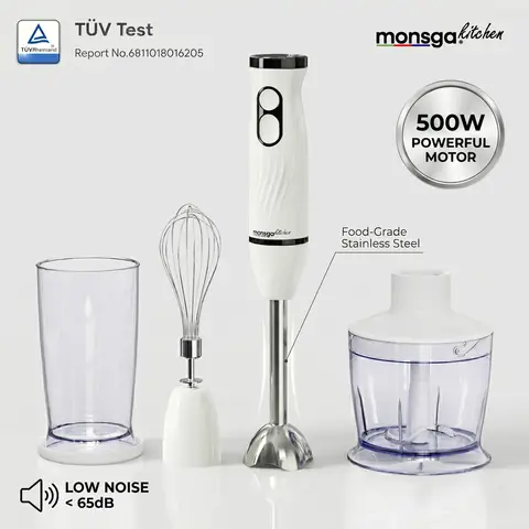 Monsga 2-in-1 Hand Blender & Whisk Monsga S100, Ergonomic Stick Blender with Normal/Turbo Modes, Anti-Splash & Pan Protection, 500mL Chopper, 500mL Beaker, 1.5m Cable, Dishwasher Safe, Cream White