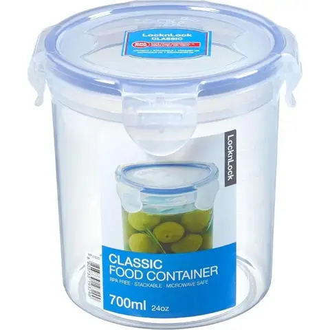 LocknLock Runder Frischhaltedose, 700 ml, Transparenter Behälter/Transparenter Deckel/Blauer Verschluss, PP-Kunststoff/Silikonverschluss/4-fach-Schließmechanismus/Luftdicht & wasserdicht/Stapelbar/BPA-frei/Mikrowellengeeignet (ohne Deckel)/Gefriergeeignet (-20 °C)/Spülmaschinenfest (oberer Korb)