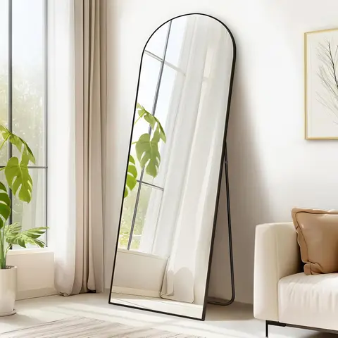 SONGMICS Full Length Mirror, 160 x 50 cm, Arched Full Body Mirror with Stand, Aluminium Alloy Frame Floor Mirror, Tempered Glass, for Bedroom, Living Room, Cloakroom, Ink Black LFM031B01