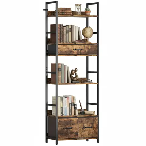 HOMCOM 6-Tier Industrial Bookcase, Tall Bookshelf with 4 Shelves and 3 Fabric Drawers, Wide Storage Rack, Shelving Unit Rusti