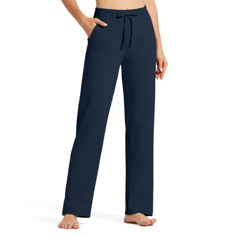 Willit Women's Cotton Sweatpants Open Bottom Yoga Sports Straight Leg Pants with Pockets Navy Blue L