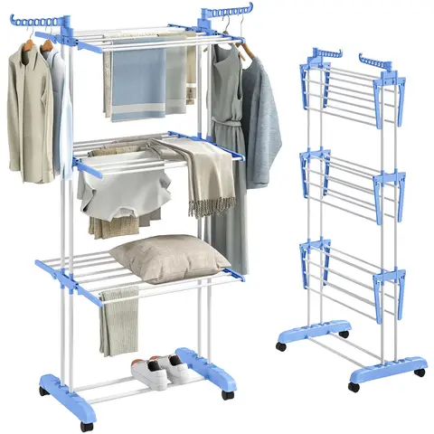 HOMCOM Wäscheständer Stahl, Kunststoff 73 x 45,5 x 177cm Blau+Weiß