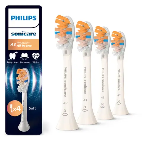 Philips Sonicare A3 Premium All-in-One Toothbrush Heads – Deep Cleaning, Gum Care and Whitening, White 4 Pack HX9094/87