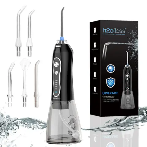 h2ofloss Hydropulseur dentaire portable, batterie 2500 mAh, 140 psi, 5 canules, étanche IPX7, 5 modes, rechargeable par USB - Noir