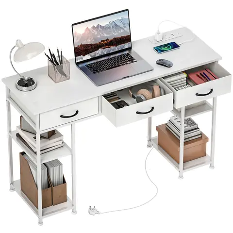 HOMCOM Computer Desk with Power Outlets, 120cm Home Office Desk with 3 Fabric Drawers and 4 Storage Shelves White